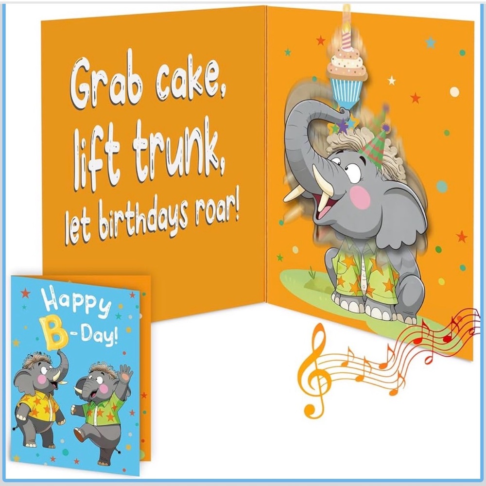 3D Pop Up Animated Musical Elephant Birthday Card, w/ HBD Song, 5.9”x7.9”, NEW